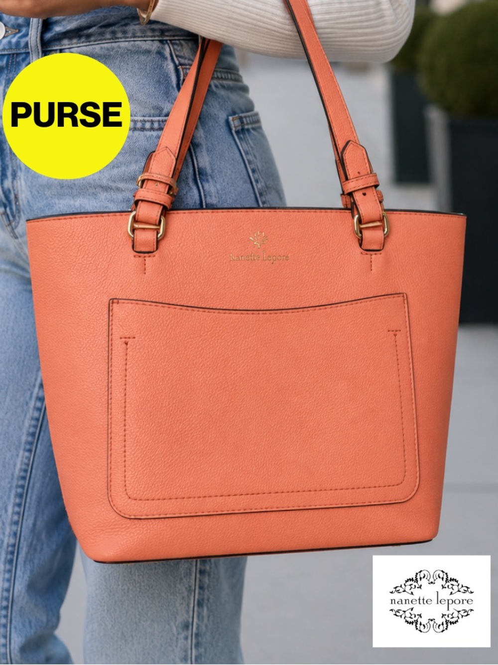 NANETTE LEPORE 🧡  Peach Pebbled Dual Strapped Leather Shoulder Tote - 9x10”